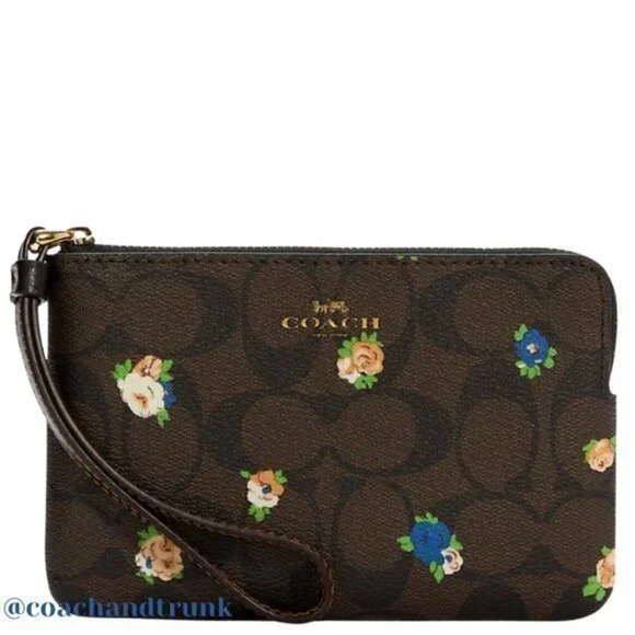 COACH Wristlet Dark Brown Classic C with Vintage Mini Rose Print Gold Accents - Picture 4 of 8
